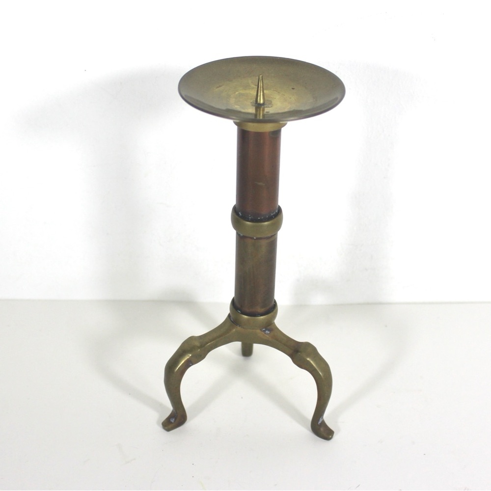 Vintage Brass and Copper Pillar Candle Holder Three Legs Staging Shelf Decor